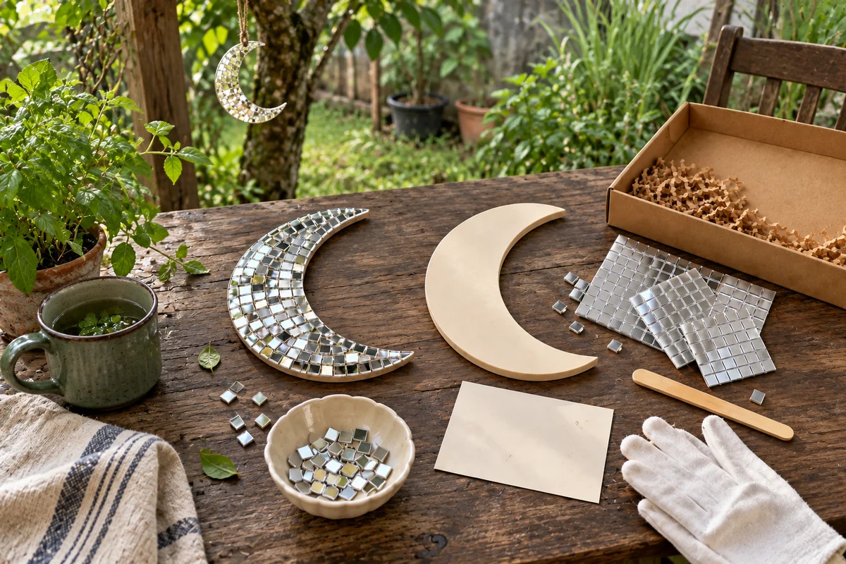Moonlight mirror mosaic kit concept with a crescent shaped base and mirror tiles